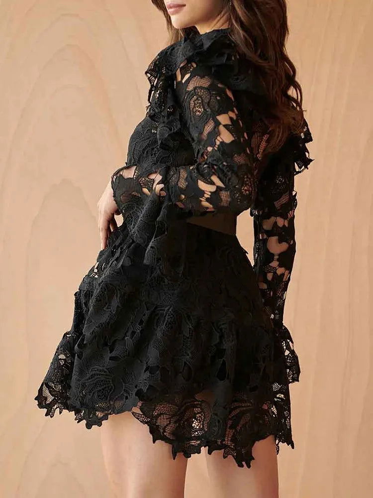 TWOTWINSTYLE Hollow Out Dresses For Women V Neck Flare Sleeve High Waist Patchwork Belt Mini Lace Dress Female Fashion Clothing - CHRISTDEST GLOBAL SERVICE