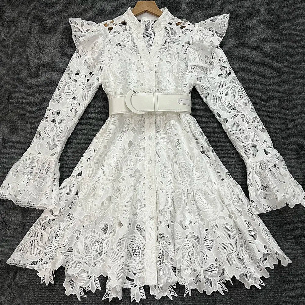 TWOTWINSTYLE Hollow Out Dresses For Women V Neck Flare Sleeve High Waist Patchwork Belt Mini Lace Dress Female Fashion Clothing - CHRISTDEST GLOBAL SERVICE