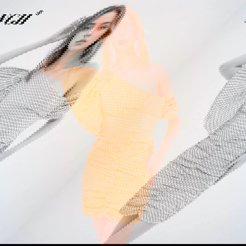 VGH Hit Color Pliad Printing Backless Dresses For Women Off One Shoulder Butterfly Sleeve High Waist Mini Dress Female Fashion - CHRISTDEST GLOBAL SERVICE