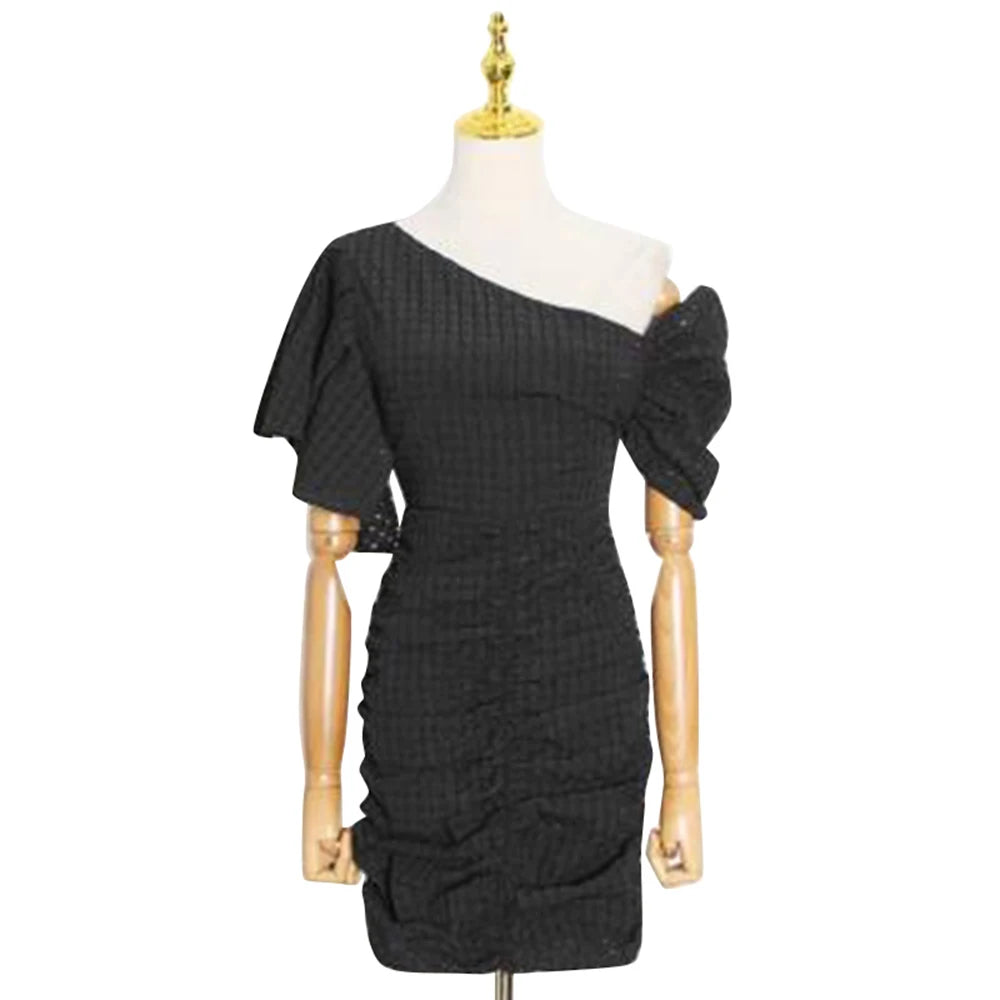 VGH Hit Color Pliad Printing Backless Dresses For Women Off One Shoulder Butterfly Sleeve High Waist Mini Dress Female Fashion - CHRISTDEST GLOBAL SERVICE