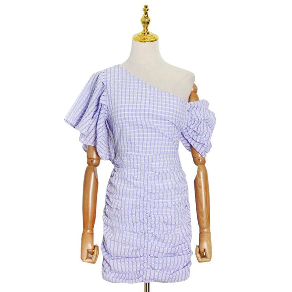 VGH Hit Color Pliad Printing Backless Dresses For Women Off One Shoulder Butterfly Sleeve High Waist Mini Dress Female Fashion - CHRISTDEST GLOBAL SERVICE