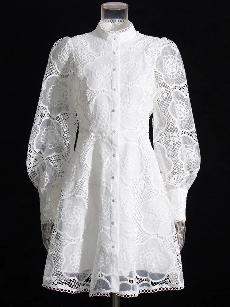 VGH Solid Patchwork Embroidery Dresses For Women Stand Collar Lantern Sleeve High Waist Spliced Lace Mini Dress Female Fashion - CHRISTDEST GLOBAL SERVICE