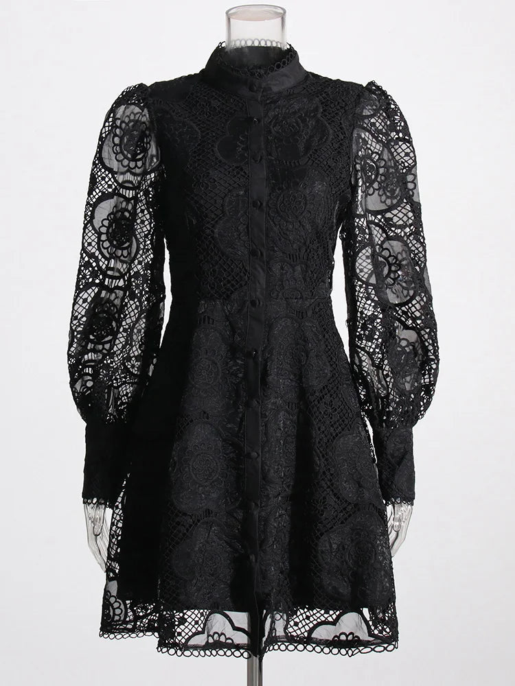VGH Solid Patchwork Embroidery Dresses For Women Stand Collar Lantern Sleeve High Waist Spliced Lace Mini Dress Female Fashion - CHRISTDEST GLOBAL SERVICE