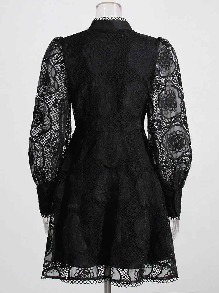 VGH Solid Patchwork Embroidery Dresses For Women Stand Collar Lantern Sleeve High Waist Spliced Lace Mini Dress Female Fashion - CHRISTDEST GLOBAL SERVICE