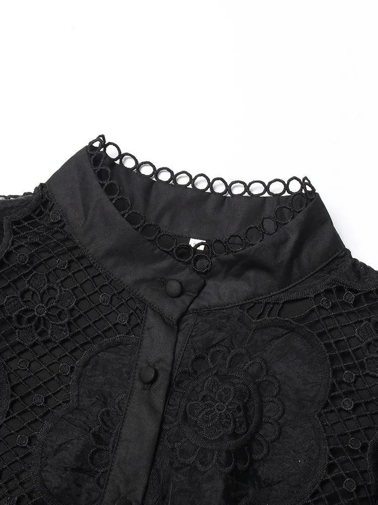 VGH Solid Patchwork Embroidery Dresses For Women Stand Collar Lantern Sleeve High Waist Spliced Lace Mini Dress Female Fashion - CHRISTDEST GLOBAL SERVICE