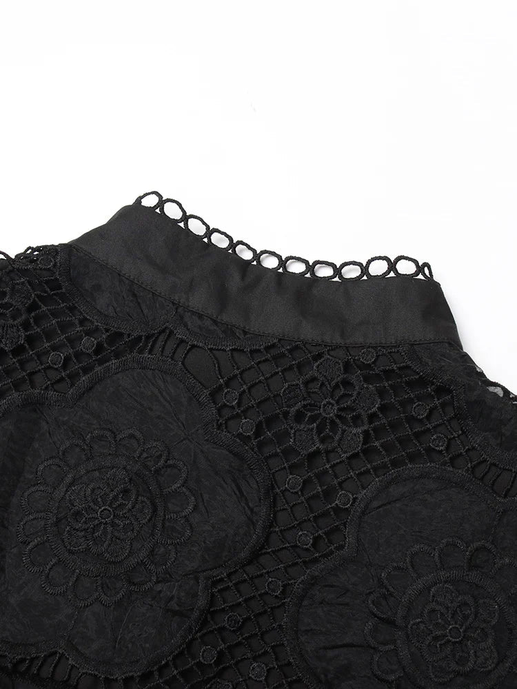 VGH Solid Patchwork Embroidery Dresses For Women Stand Collar Lantern Sleeve High Waist Spliced Lace Mini Dress Female Fashion - CHRISTDEST GLOBAL SERVICE