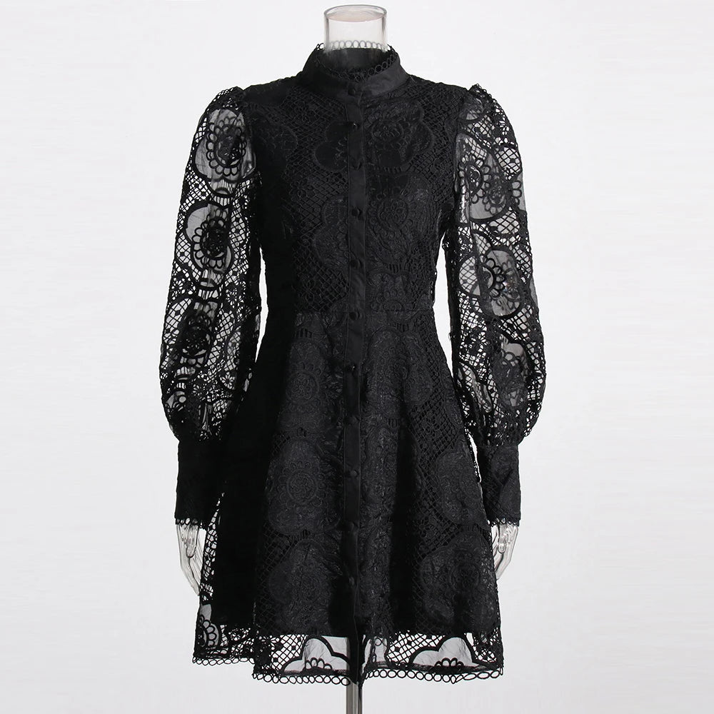 VGH Solid Patchwork Embroidery Dresses For Women Stand Collar Lantern Sleeve High Waist Spliced Lace Mini Dress Female Fashion - CHRISTDEST GLOBAL SERVICE