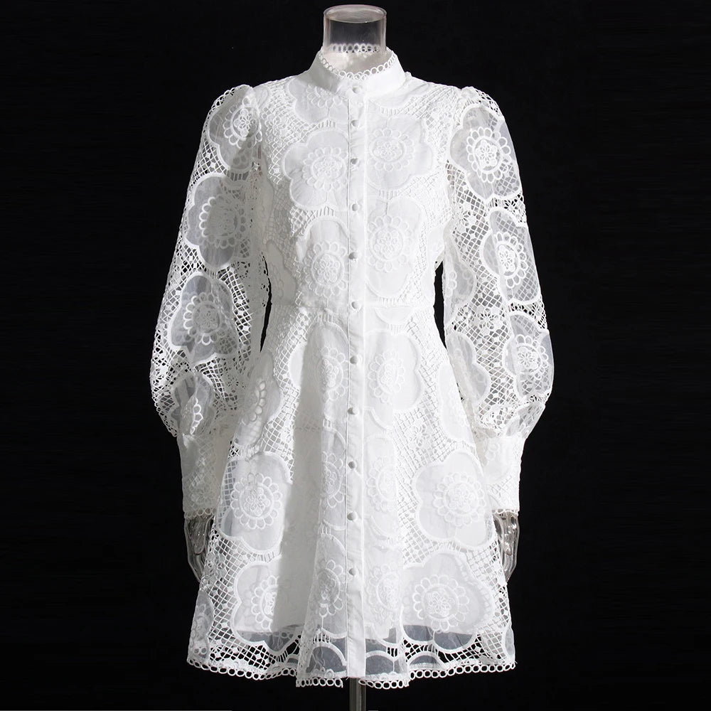 VGH Solid Patchwork Embroidery Dresses For Women Stand Collar Lantern Sleeve High Waist Spliced Lace Mini Dress Female Fashion - CHRISTDEST GLOBAL SERVICE