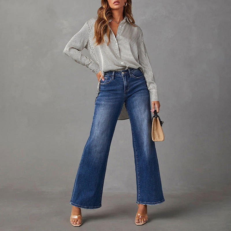 Washed Dark Blue Straight High Elastic Women's Denim Pants - CHRISTDEST GLOBAL SERVICE