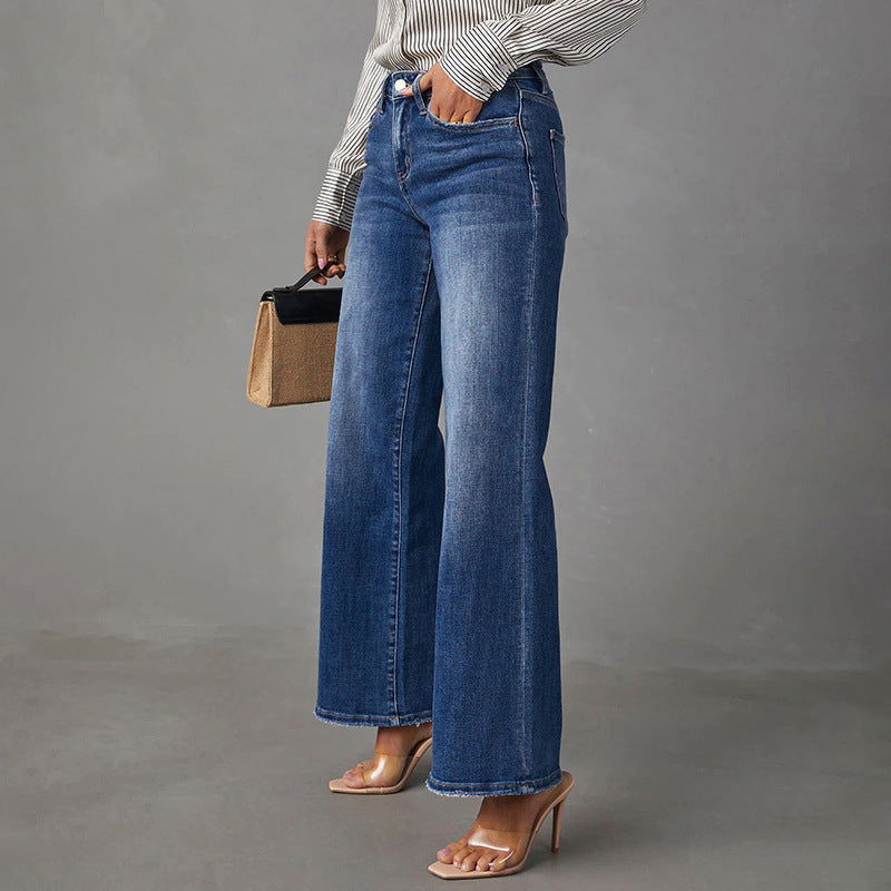 Washed Dark Blue Straight High Elastic Women's Denim Pants - CHRISTDEST GLOBAL SERVICE