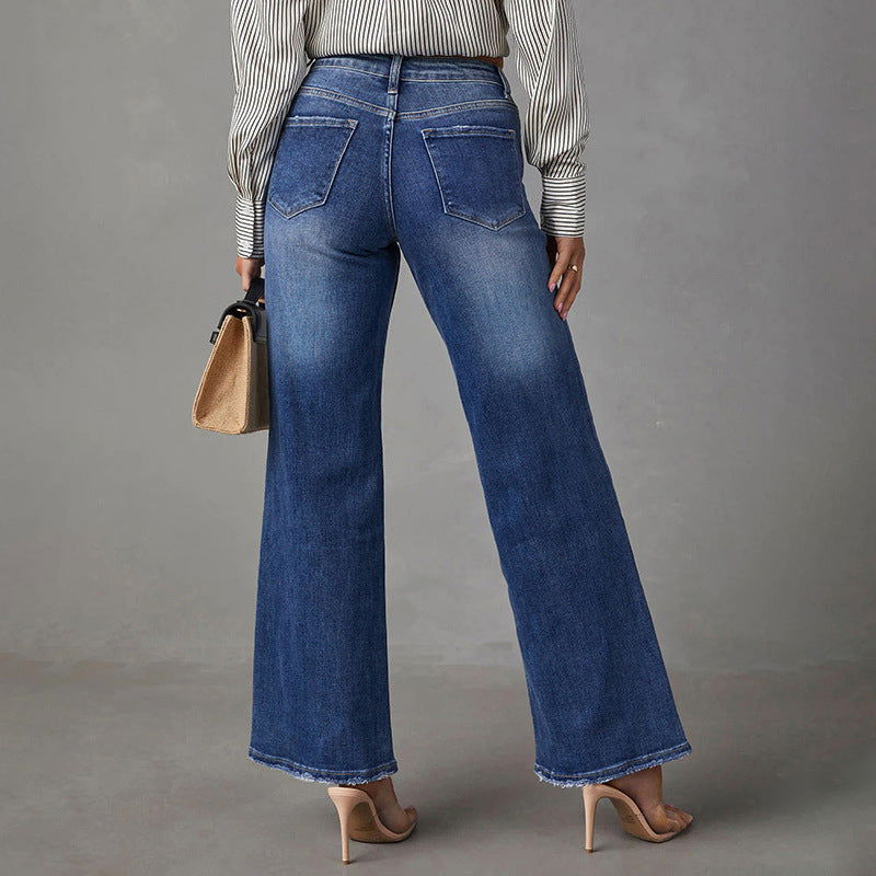 Washed Dark Blue Straight High Elastic Women's Denim Pants - CHRISTDEST GLOBAL SERVICE