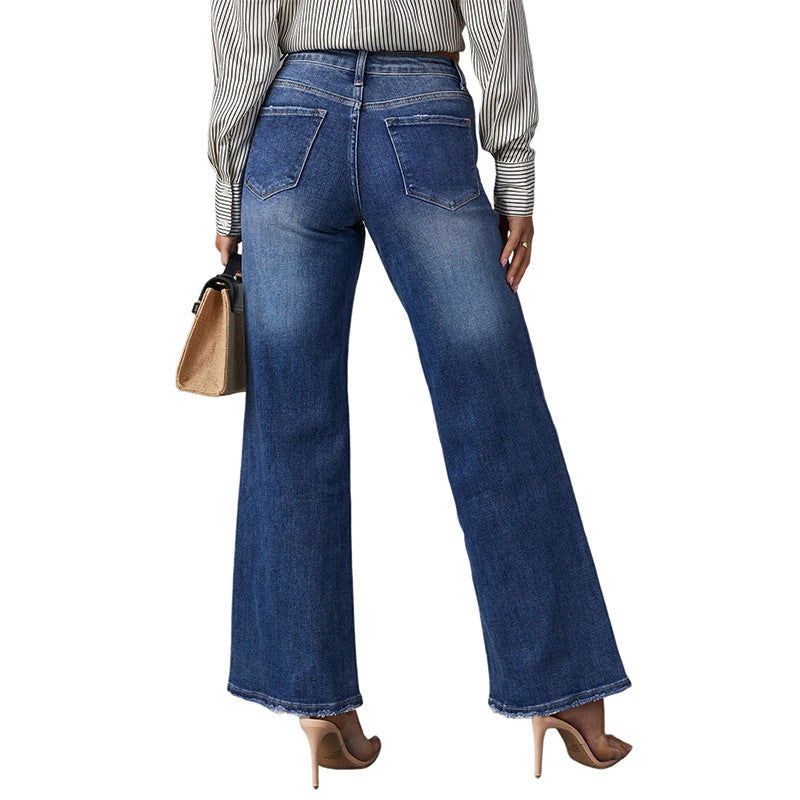 Washed Dark Blue Straight High Elastic Women's Denim Pants - CHRISTDEST GLOBAL SERVICE
