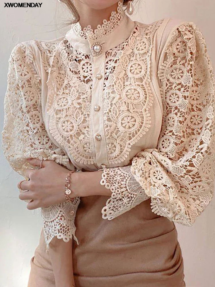 Women Chiffon Button Turtleneck Shirt Chic Elegant Floral Lace Fluffy Long Sleeve Top Fashion Hollow Oversize White Blouse 2024 - CHRISTDEST GLOBAL SERVICE