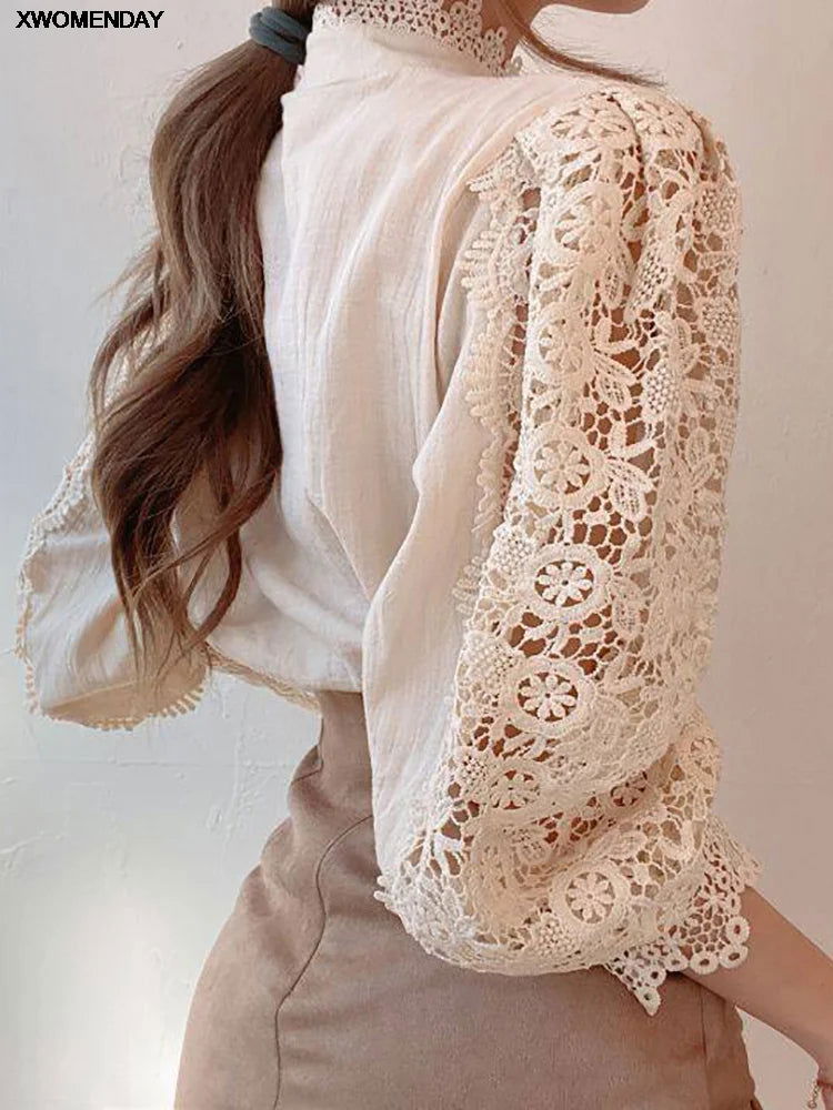 Women Chiffon Button Turtleneck Shirt Chic Elegant Floral Lace Fluffy Long Sleeve Top Fashion Hollow Oversize White Blouse 2024 - CHRISTDEST GLOBAL SERVICE