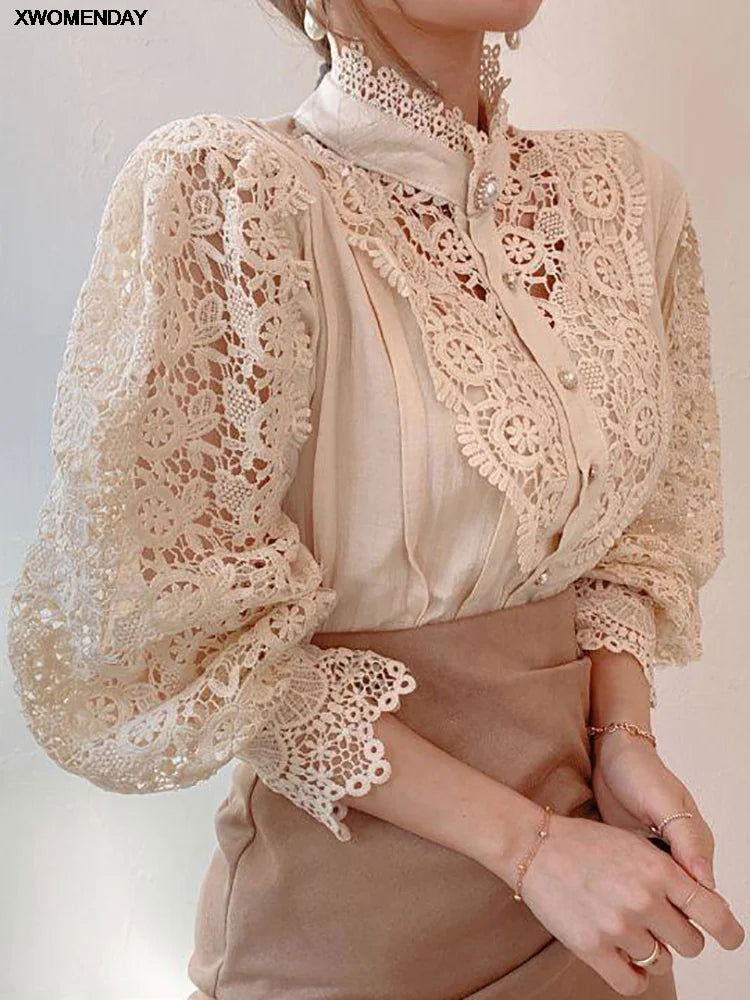 Women Chiffon Button Turtleneck Shirt Chic Elegant Floral Lace Fluffy Long Sleeve Top Fashion Hollow Oversize White Blouse 2024 - CHRISTDEST GLOBAL SERVICE