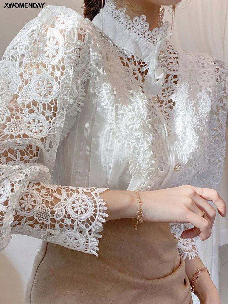 Women Chiffon Button Turtleneck Shirt Chic Elegant Floral Lace Fluffy Long Sleeve Top Fashion Hollow Oversize White Blouse 2024 - CHRISTDEST GLOBAL SERVICE