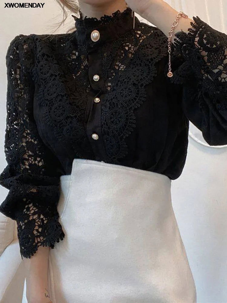 Women Chiffon Button Turtleneck Shirt Chic Elegant Floral Lace Fluffy Long Sleeve Top Fashion Hollow Oversize White Blouse 2024 - CHRISTDEST GLOBAL SERVICE