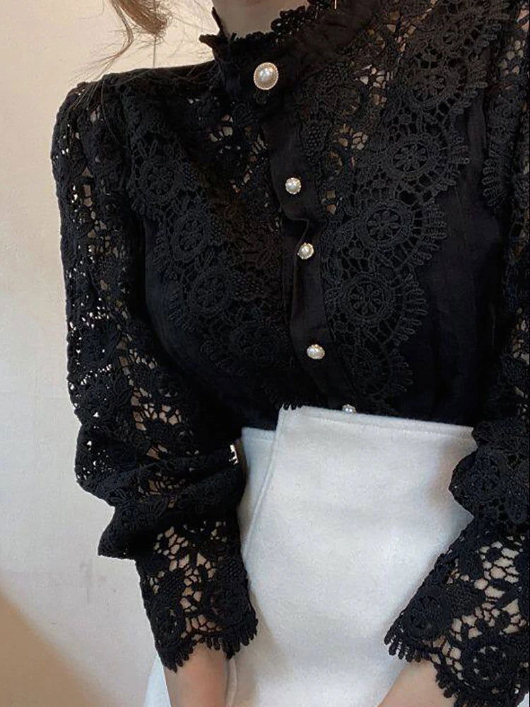 Women Chiffon Button Turtleneck Shirt Chic Elegant Floral Lace Fluffy Long Sleeve Top Fashion Hollow Oversize White Blouse 2024 - CHRISTDEST GLOBAL SERVICE