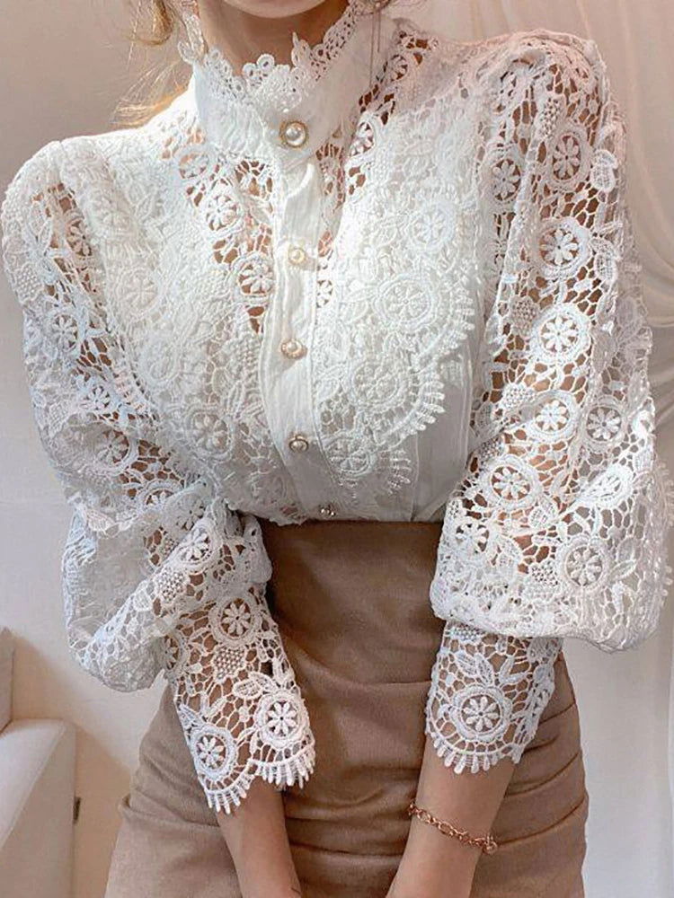 Women Chiffon Button Turtleneck Shirt Chic Elegant Floral Lace Fluffy Long Sleeve Top Fashion Hollow Oversize White Blouse 2024 - CHRISTDEST GLOBAL SERVICE