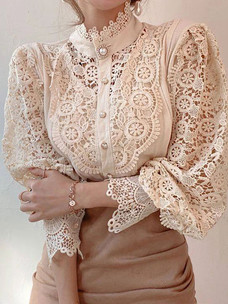 Women Chiffon Button Turtleneck Shirt Chic Elegant Floral Lace Fluffy Long Sleeve Top Fashion Hollow Oversize White Blouse 2024 - CHRISTDEST GLOBAL SERVICE