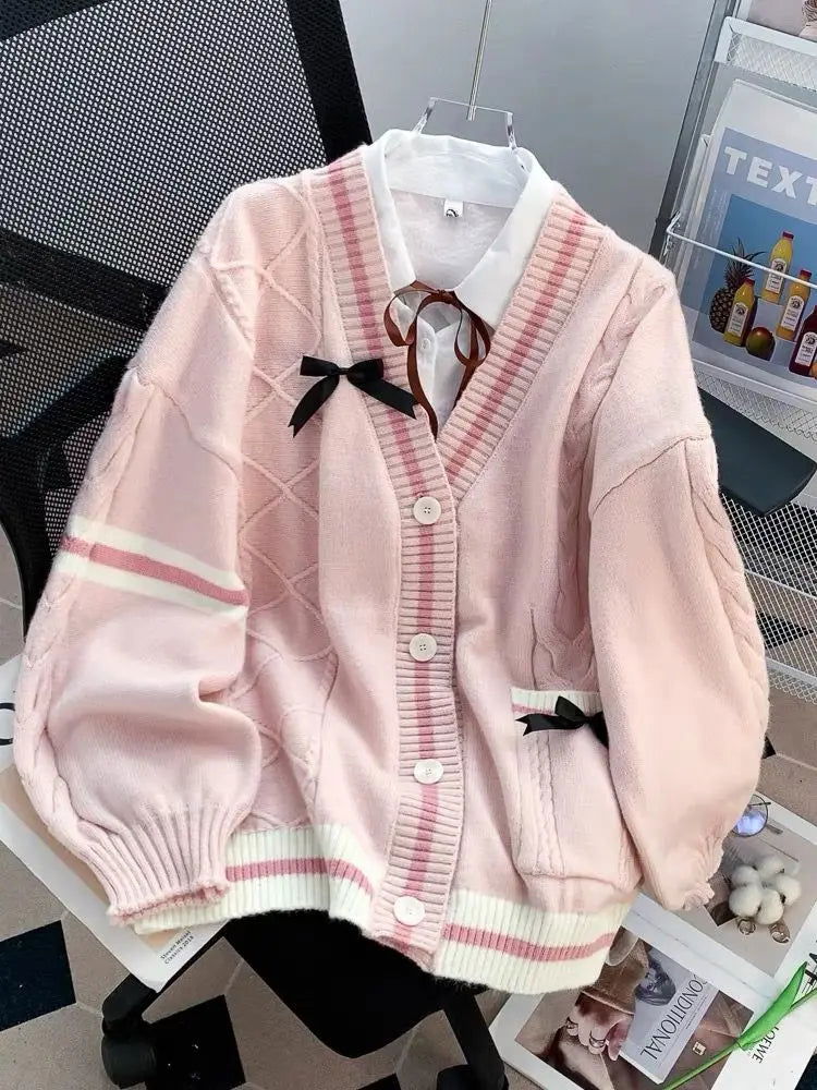 Women's Autumn and Winter New Loose Bow Lazy Style Reduced Age Knitted Sweater Cardigan Jacket - CHRISTDEST GLOBAL SERVICE