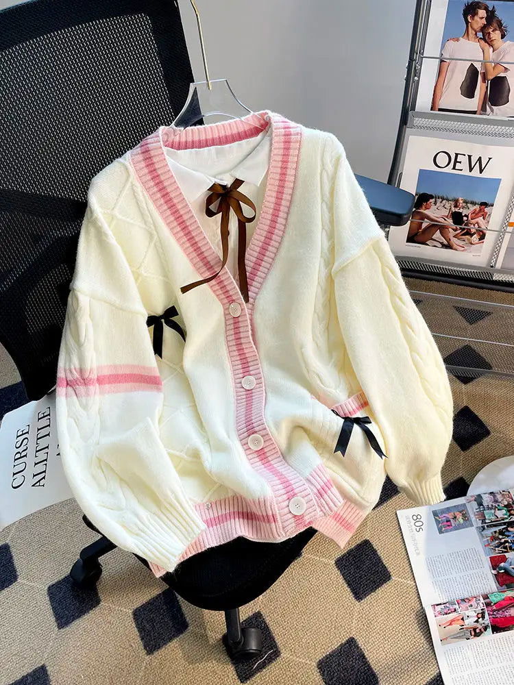 Women's Autumn and Winter New Loose Bow Lazy Style Reduced Age Knitted Sweater Cardigan Jacket - CHRISTDEST GLOBAL SERVICE