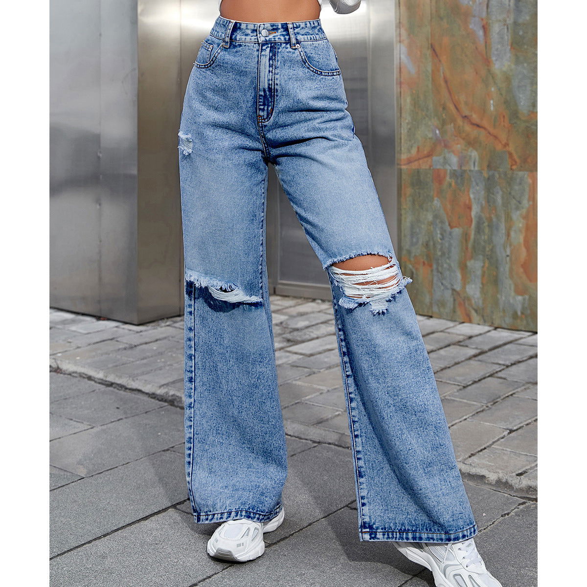 Women's Fashion Holes High Waist Casual Denim Trousers - CHRISTDEST GLOBAL SERVICE