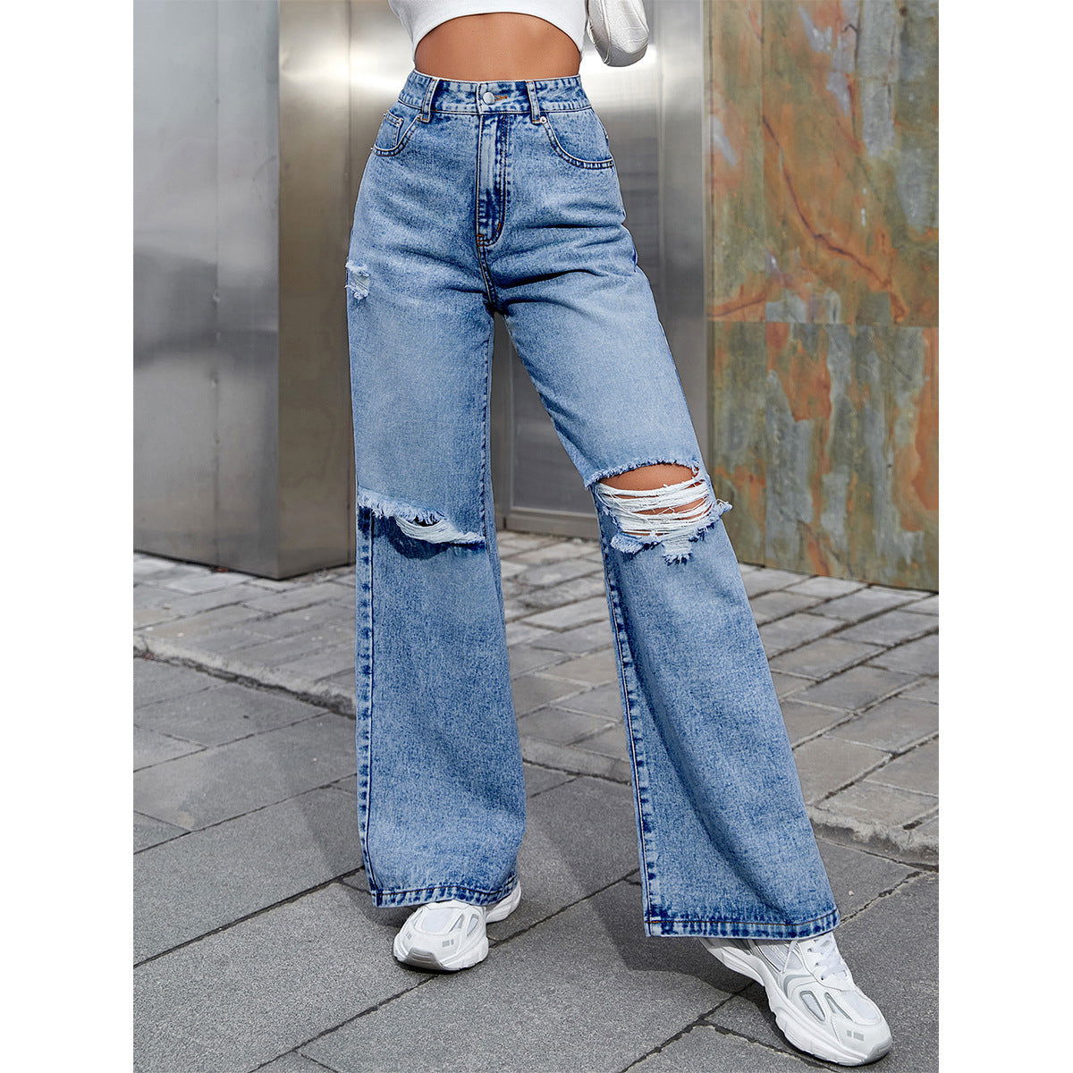Women's Fashion Holes High Waist Casual Denim Trousers - CHRISTDEST GLOBAL SERVICE