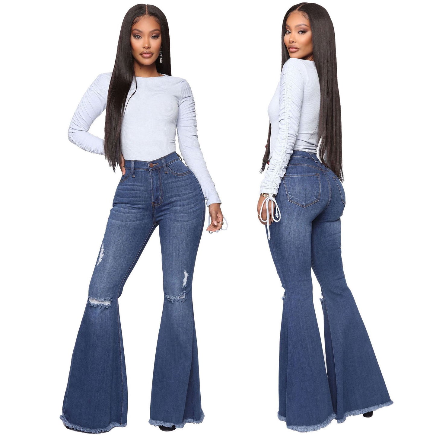 Women's Knee Hole Denim Flared Pants - CHRISTDEST GLOBAL SERVICE