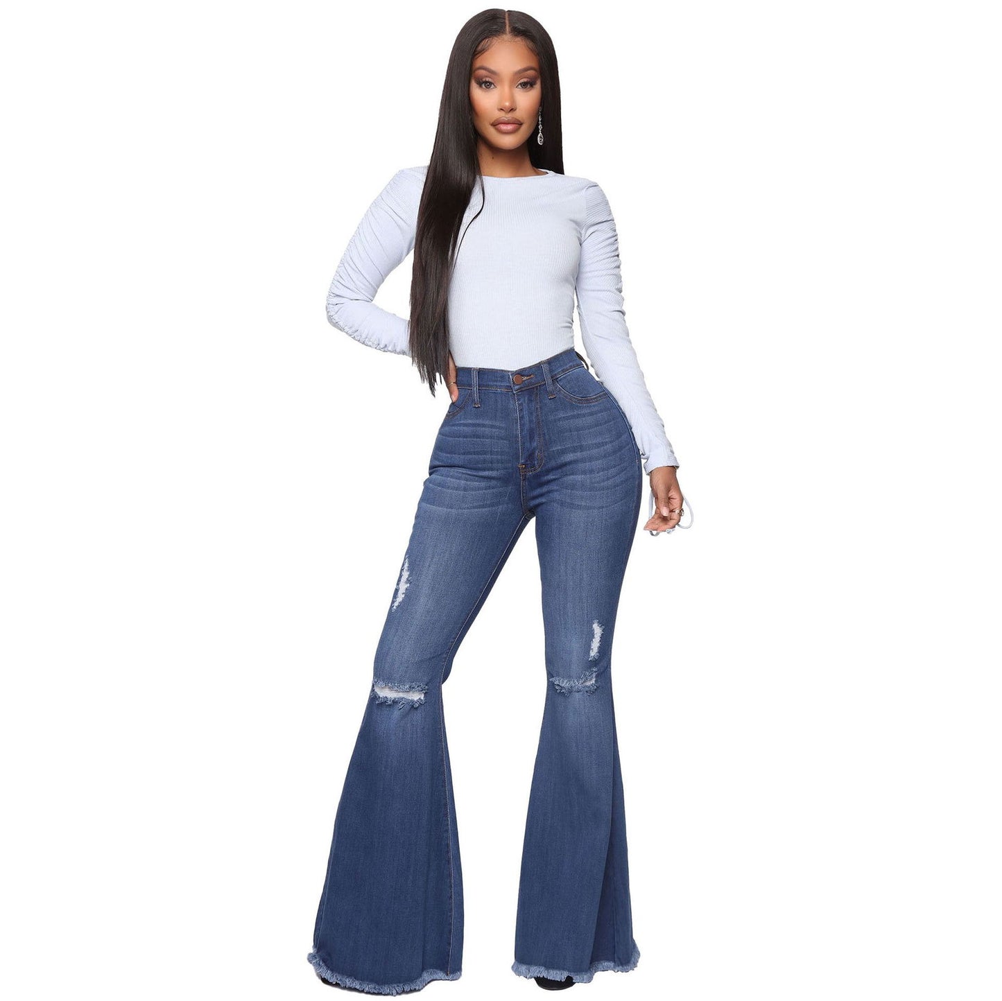 Women's Knee Hole Denim Flared Pants - CHRISTDEST GLOBAL SERVICE