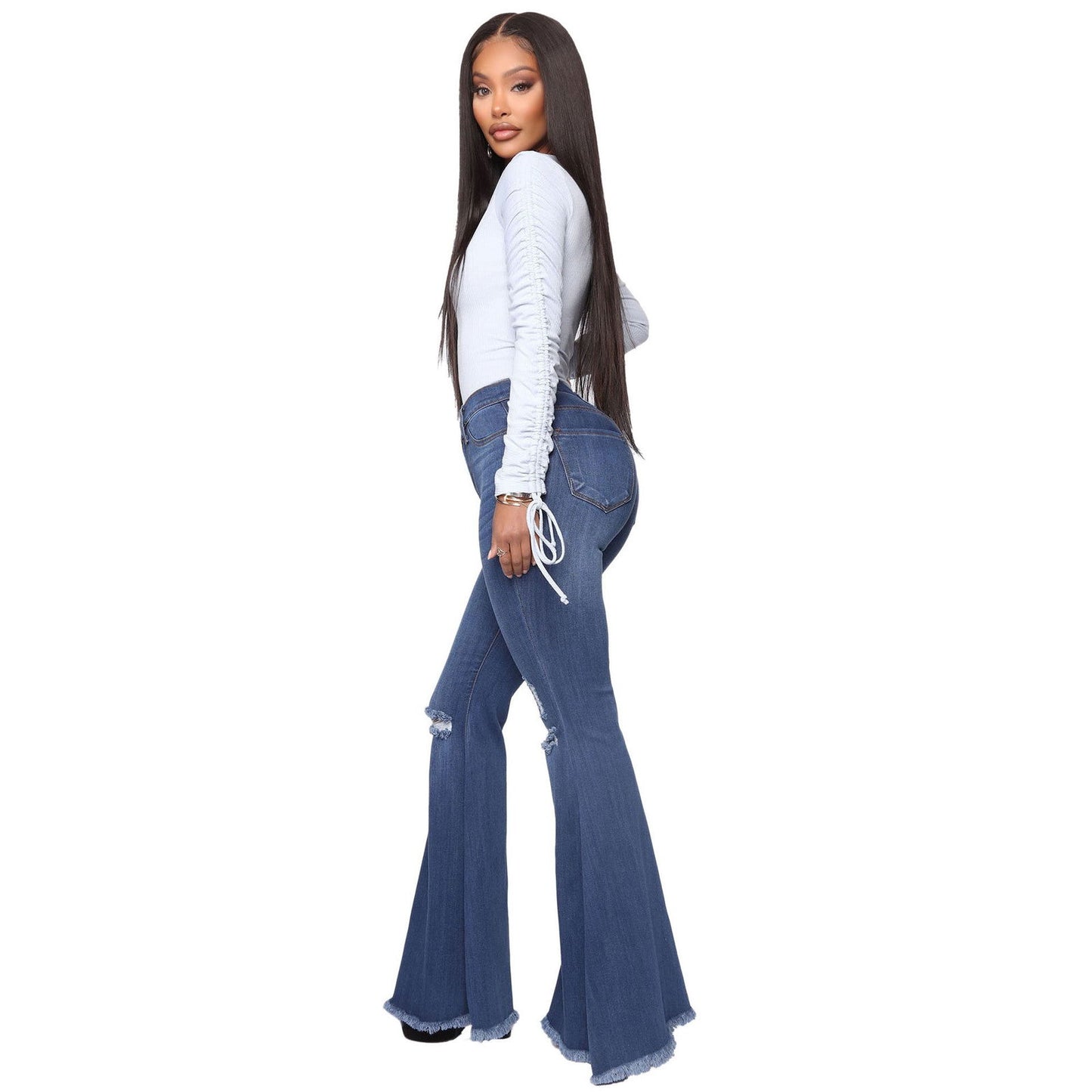 Women's Knee Hole Denim Flared Pants - CHRISTDEST GLOBAL SERVICE