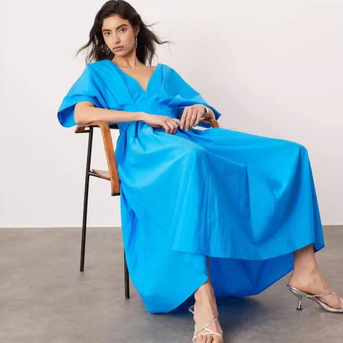 Women's fashionable solid color sexy deep V-neck waist slimming long skirt dress for women - CHRISTDEST GLOBAL SERVICE