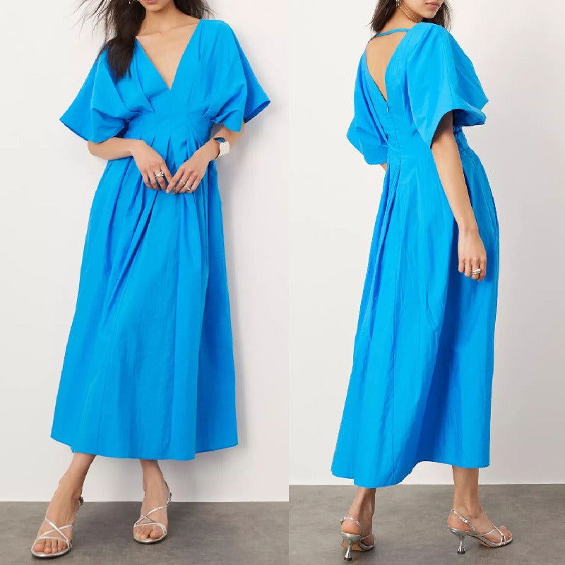 Women's fashionable solid color sexy deep V-neck waist slimming long skirt dress for women - CHRISTDEST GLOBAL SERVICE
