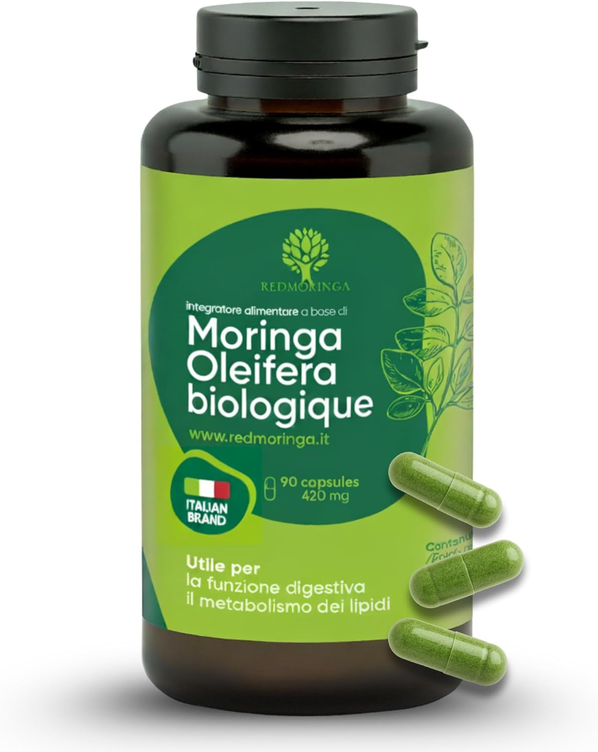 Moringa Bio | La Seule Moringa Biologique Produite En Italie | Véganes Sans Additifs | Super Antioxydant Riche En Vitamines Et Protéines Végétales | Haute Qualité | 90 Gélules