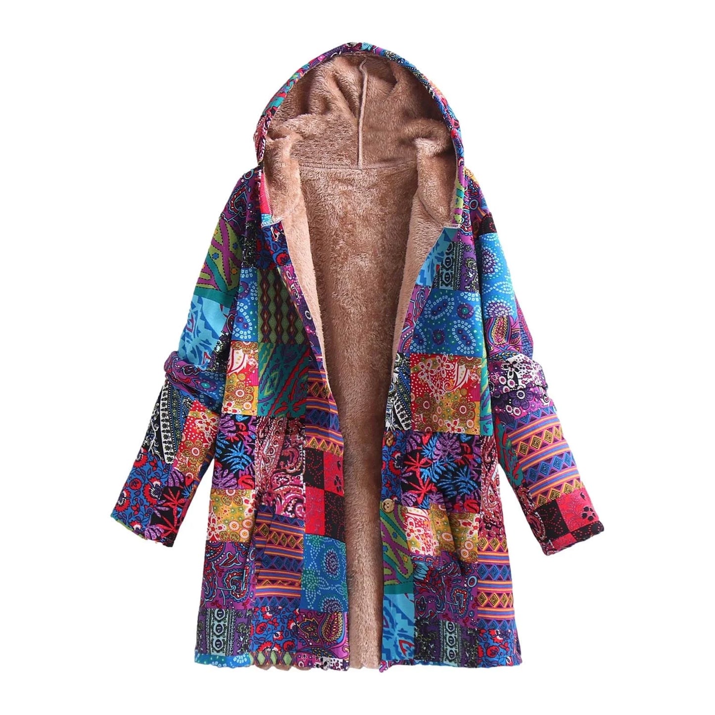 Fall Winter Fleece Jacket for Women Cotton and Linen Vintage Ethnic Printed Long Sleeve Hooded Pocket plus Velvet Casual Buttons Warm Outwear Coat #A01-Wine XXXL