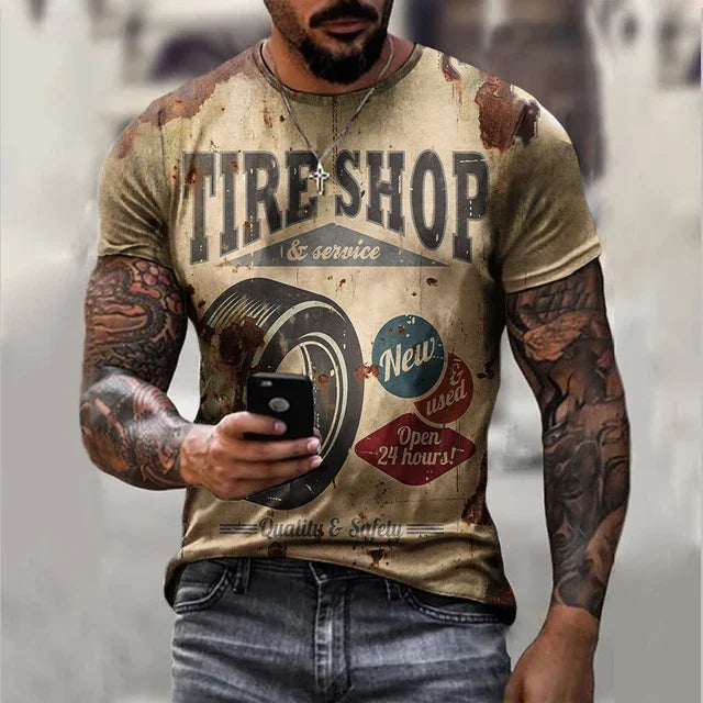Motorcycle Vintage Classic 3D Harajuku Print Men's Punk Tough Guy Street Hip Hop Crew Neck Short Sleeve Summer Loose T-shirt Top - CHRISTDEST GLOBAL SERVICE