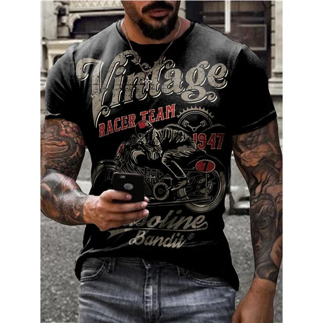 Motorcycle Vintage Classic 3D Harajuku Print Men's Punk Tough Guy Street Hip Hop Crew Neck Short Sleeve Summer Loose T-shirt Top - CHRISTDEST GLOBAL SERVICE