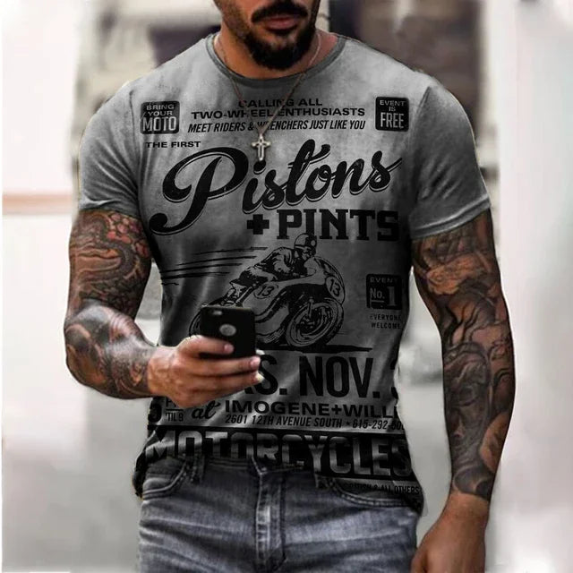 Motorcycle Vintage Classic 3D Harajuku Print Men's Punk Tough Guy Street Hip Hop Crew Neck Short Sleeve Summer Loose T-shirt Top - CHRISTDEST GLOBAL SERVICE