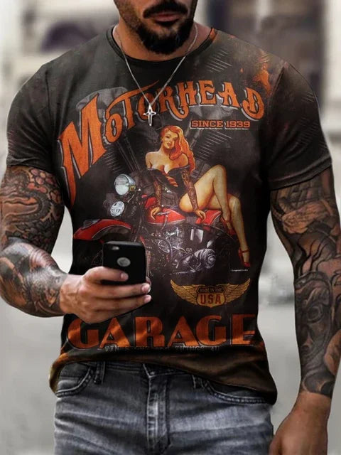 Motorcycle Vintage Classic 3D Harajuku Print Men's Punk Tough Guy Street Hip Hop Crew Neck Short Sleeve Summer Loose T-shirt Top - CHRISTDEST GLOBAL SERVICE