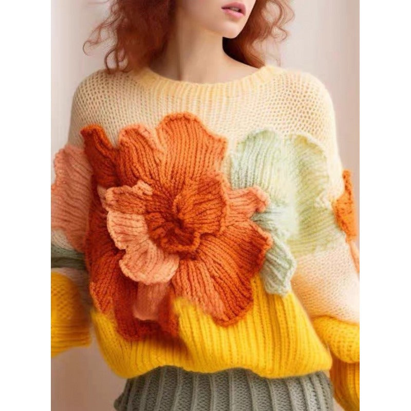 European goods, beautiful heavy industry, lazy style, apricot color, three-dimensional flower knitted sweater, sweater jacket, w
