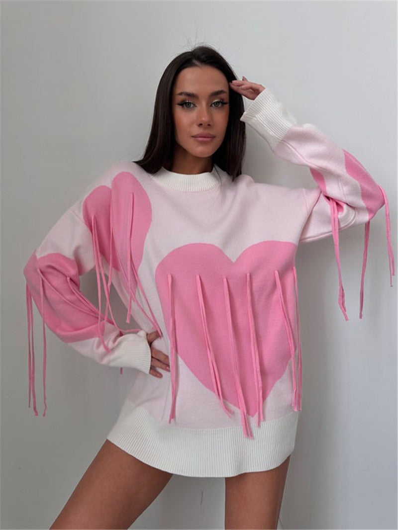 Love tassel autumn and winter sweater women's new round neck fashionable pullover top knitted sweater