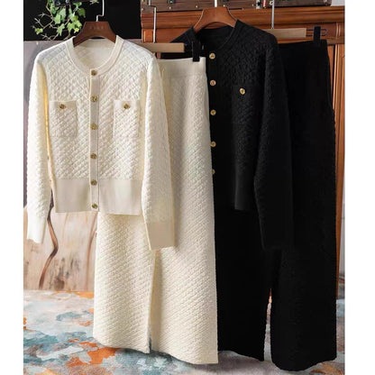 Xiaoxiangfeng Bubble Texture Gold Buckle Cardigan + Wijde Broek Set