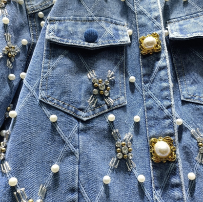 Dames Denim Jack O-hals Geborduurde Flares Diamant Parels Knopen Geruite Elegante Jas Herfst