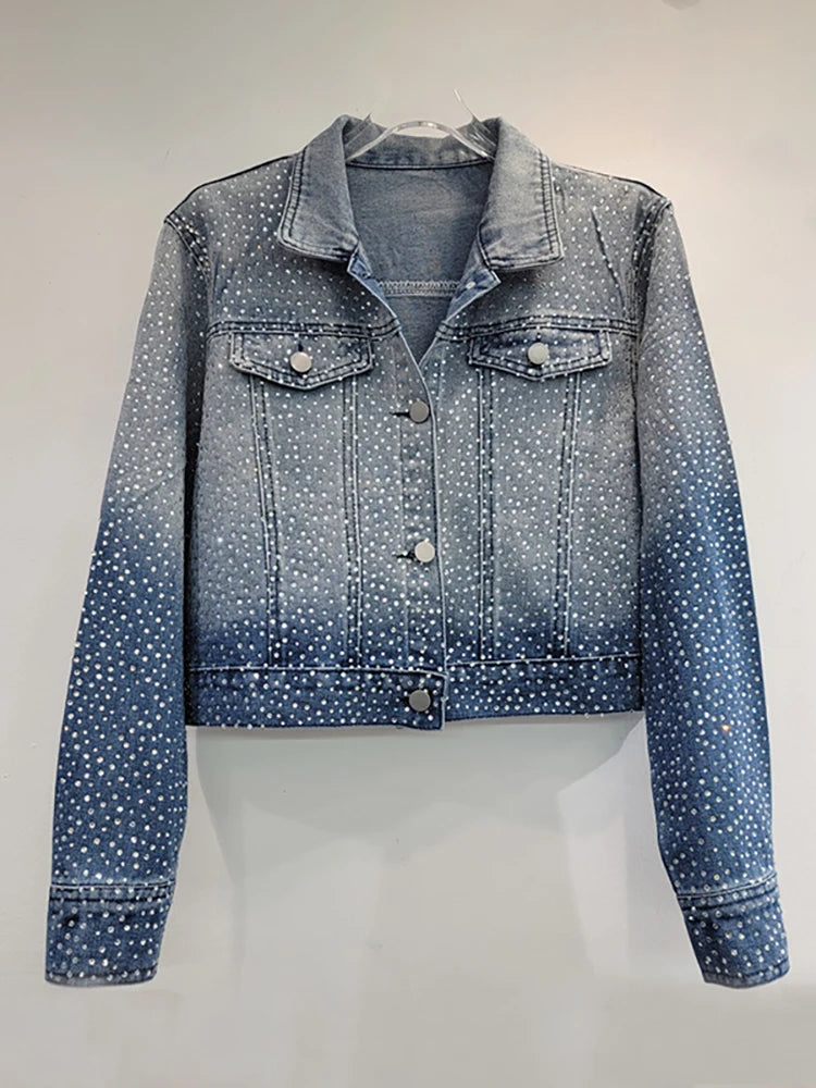 Women's Denim Coat Washed Gradient Blue Design Long Sleeve Full Diamonds Rhinestone Jackets  Autumn New Fashion