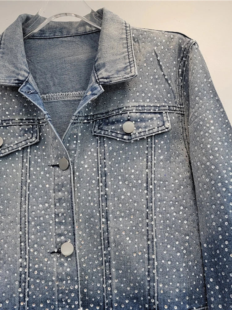 Women's Denim Coat Washed Gradient Blue Design Long Sleeve Full Diamonds Rhinestone Jackets  Autumn New Fashion