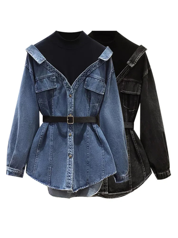 Fashion Women's Fake 2 Pcs Denim Coat Belt Lapel Patchwoek Contrast Color Pockets Slim Jackets Autumn