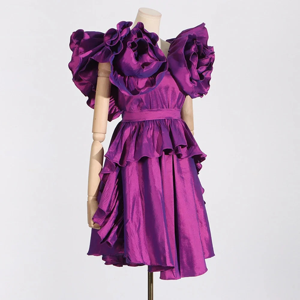 New Summer Women's Fashion Purple Ruffle Edge V-neck Sexy Ruffle Edge Satin Mini Dress Elegant Party Dress