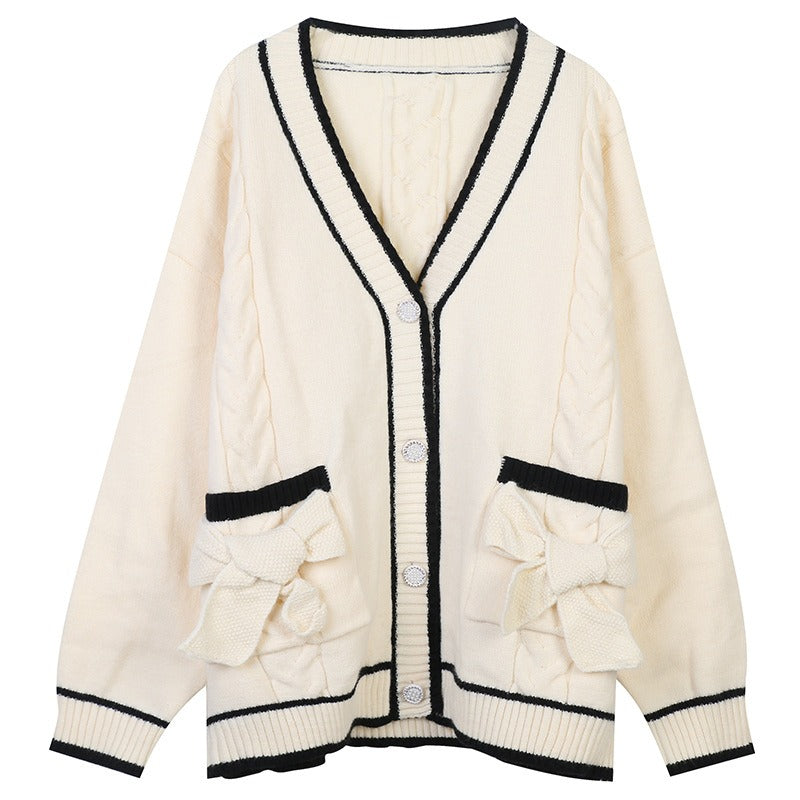 Trui V-hals lange mouwen middellange contrasterende gestreepte strik los gebreide cardigan