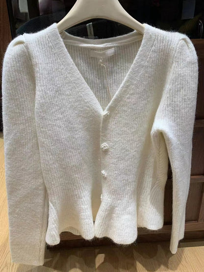 Autumn Winter Orange Bright Silk Knitted Sweater Cardigan Fashion Women Neck Rose Floral Buttons Ruffles Short Coat Tops