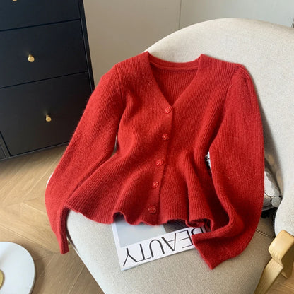 Autumn Winter Orange Bright Silk Knitted Sweater Cardigan Fashion Women Neck Rose Floral Buttons Ruffles Short Coat Tops